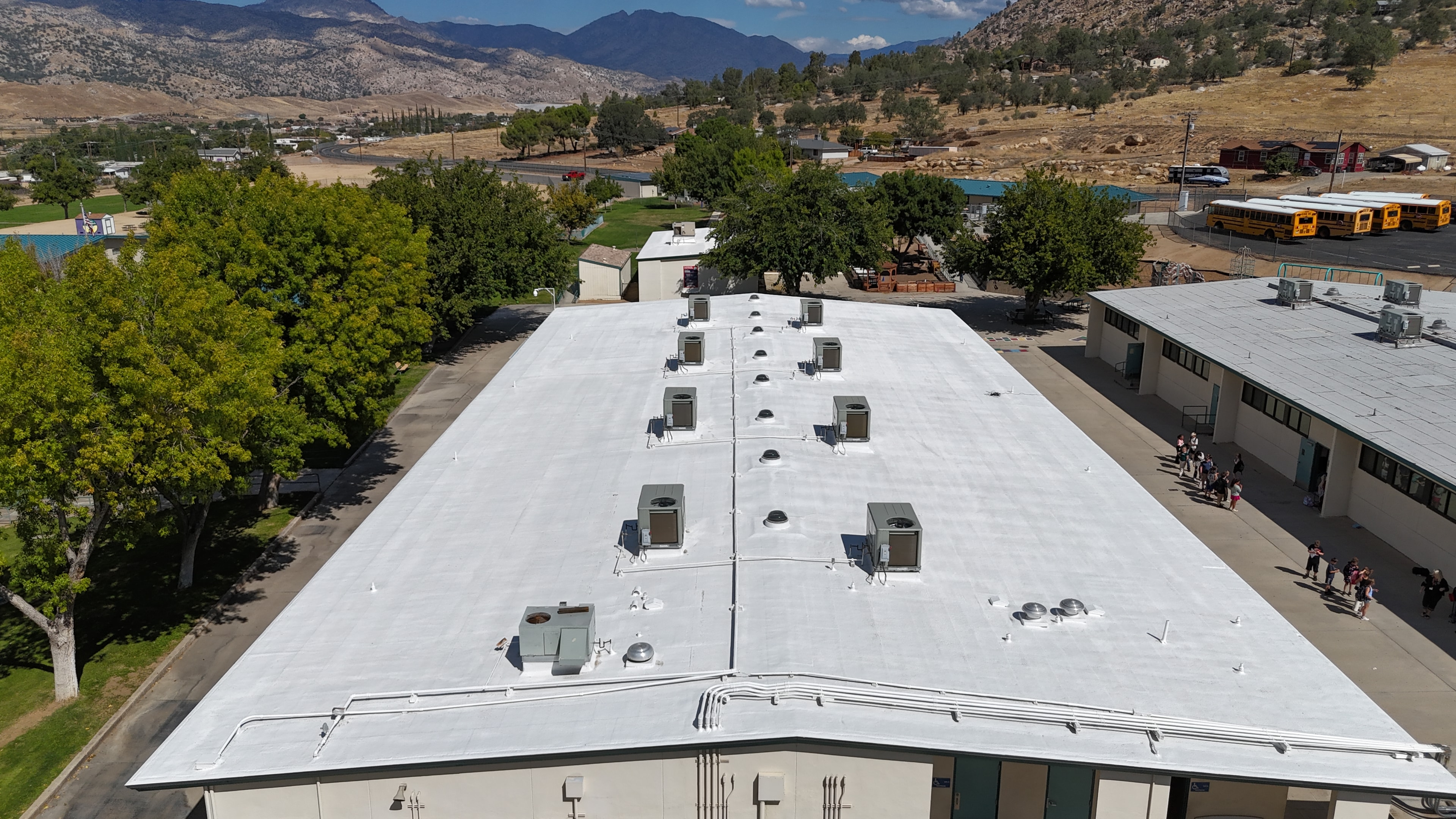 Aerial view of SPF roof with acrylic topcoat